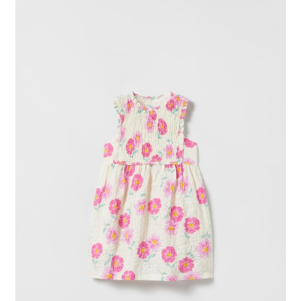 ZARA Smoked daisy pink and beige dress
